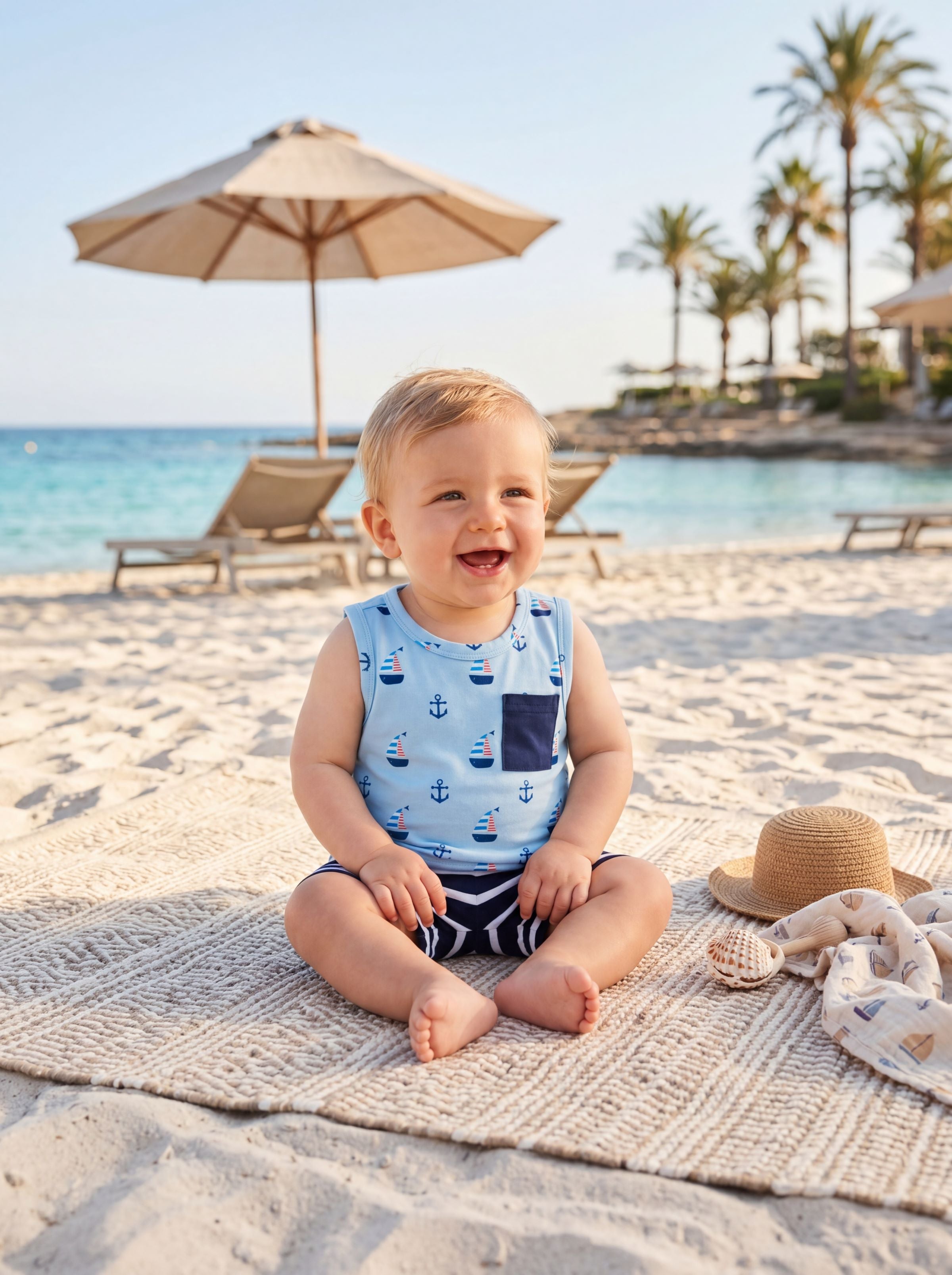 Baby boy beach print shorts set in light blue — coastal outfit for babies on the sand